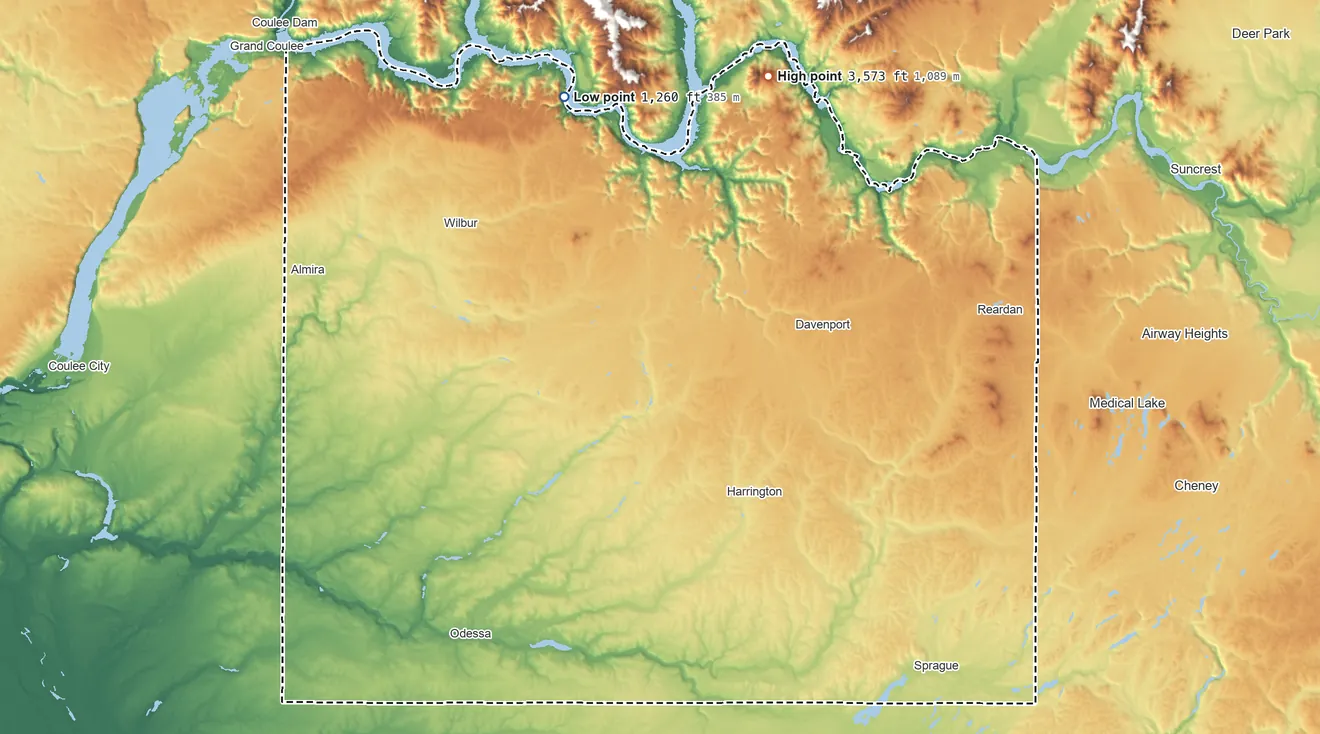 Topographic elevation map of Lincoln County, Washington, shaded from 1,260 ft on the north side to 3,573 ft on Lilienthal Mountain