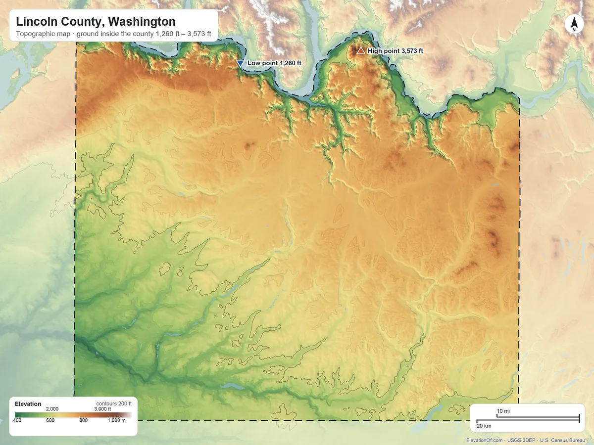 Topographic elevation map of Lincoln County, Washington, shaded from 1,260 ft on the north side to 3,573 ft on Lilienthal Mountain