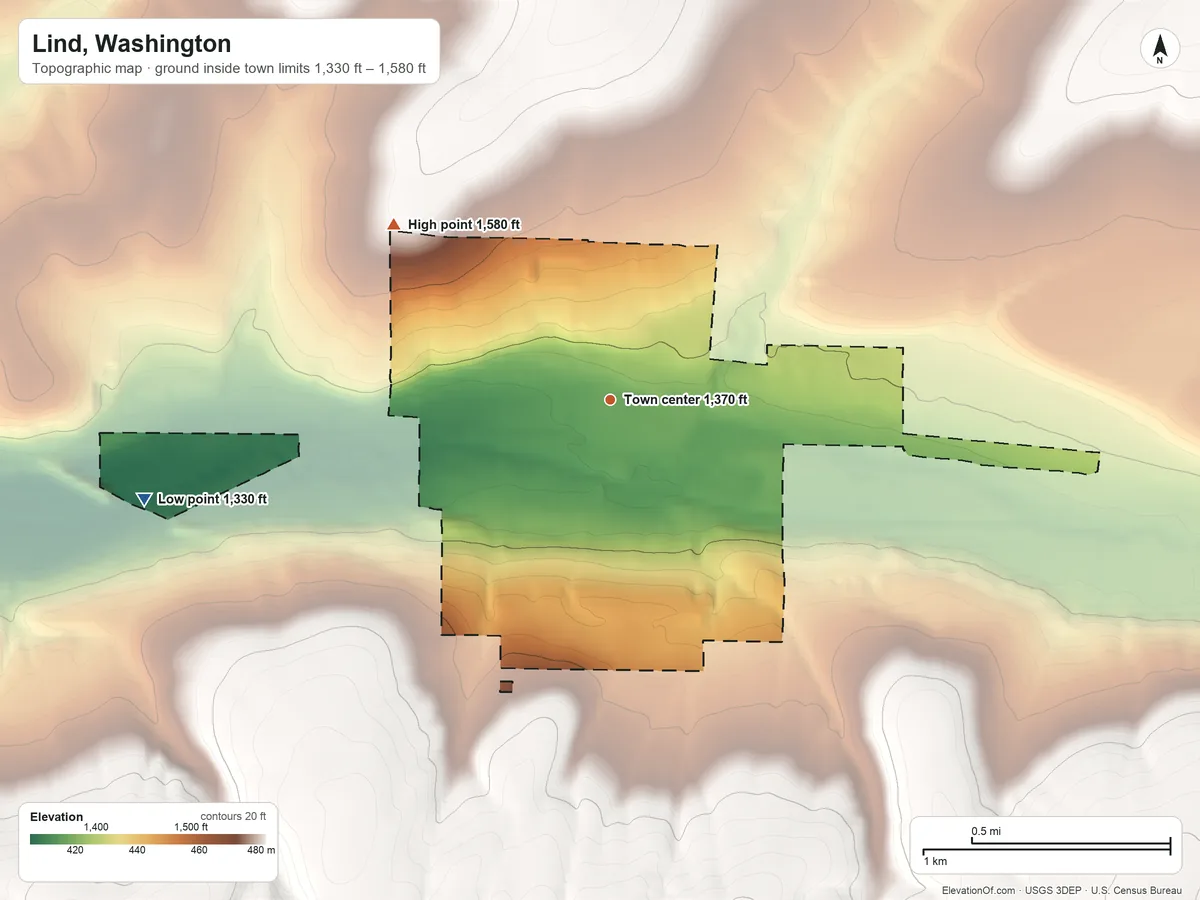 Topographic elevation map of Lind, Washington, shaded from 1,330 ft on the west side to 1,580 ft on the northwest side