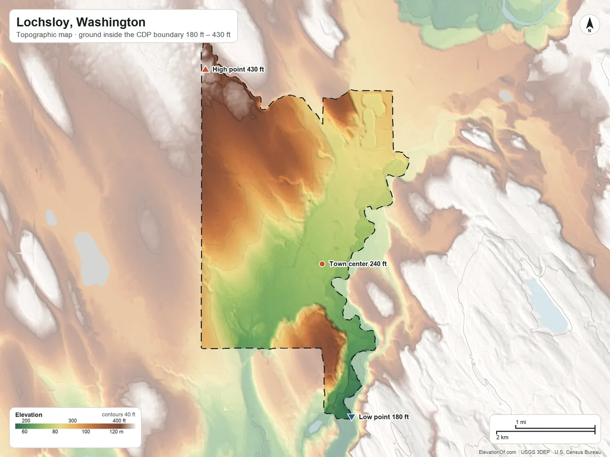 Topographic elevation map of Lochsloy, Washington, shaded from 180 ft on the south side to 430 ft on the northwest side