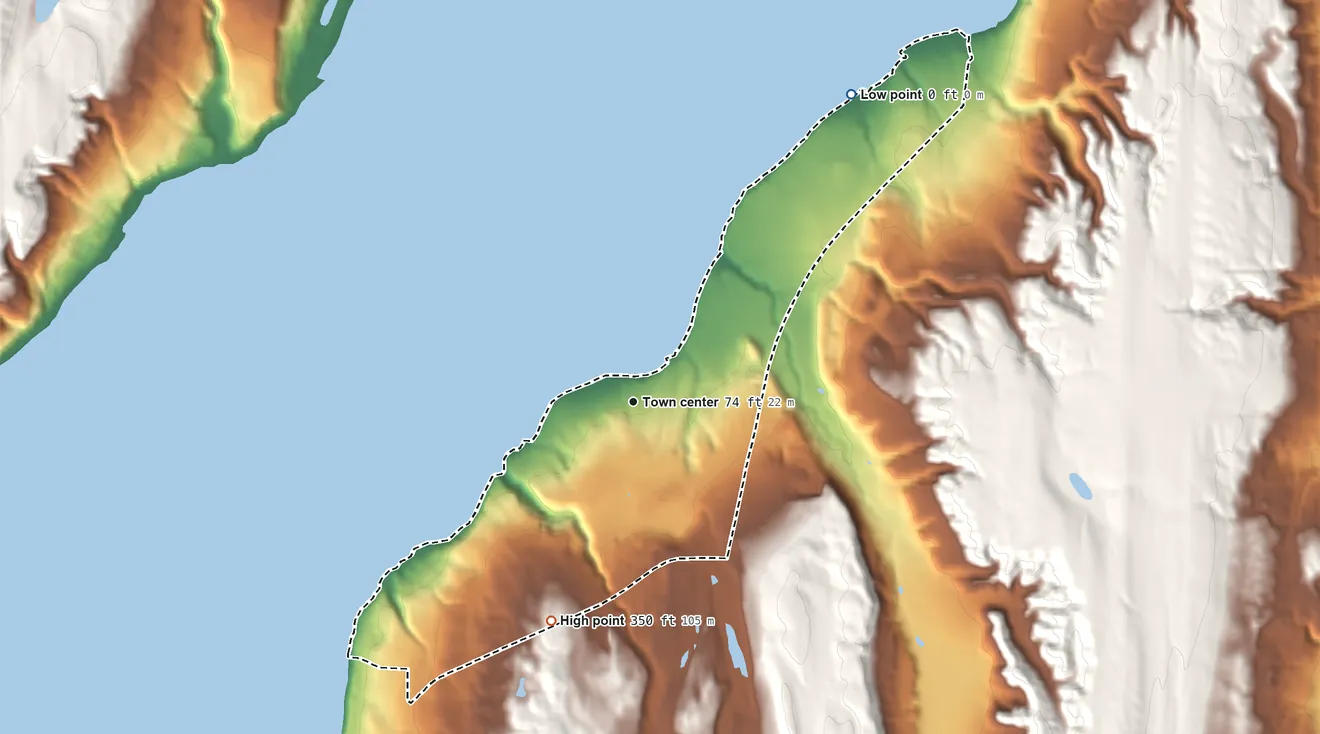 Topographic elevation map of Lofall, Washington, shaded from sea level level on Hood Canal to 350 ft on the south side