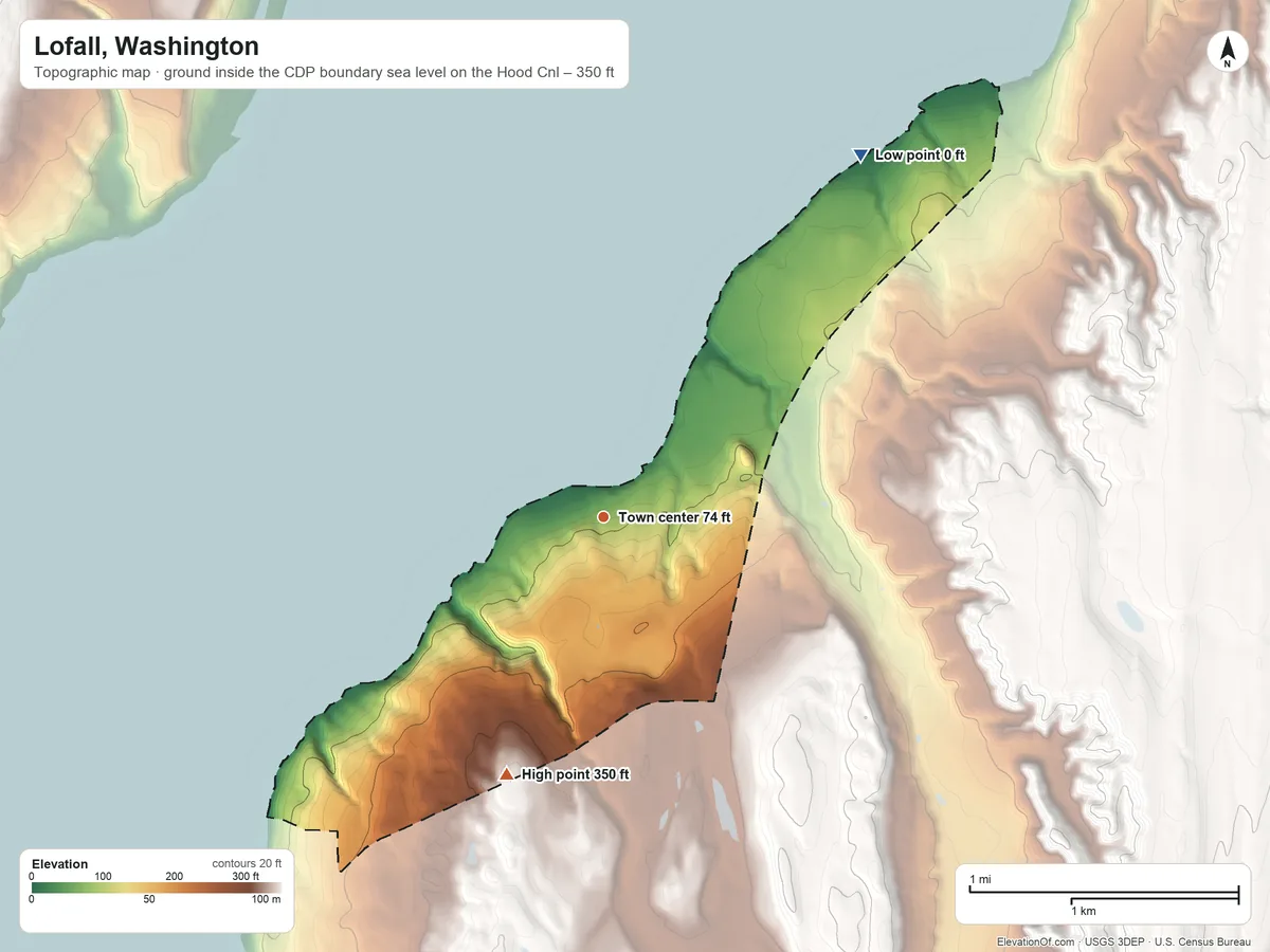 Topographic elevation map of Lofall, Washington, shaded from sea level level on Hood Canal to 350 ft on the south side
