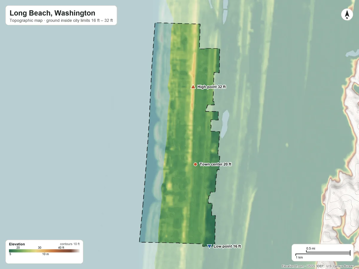 Topographic elevation map of Long Beach, Washington, shaded from 16 ft on the south side to 32 ft on the north side