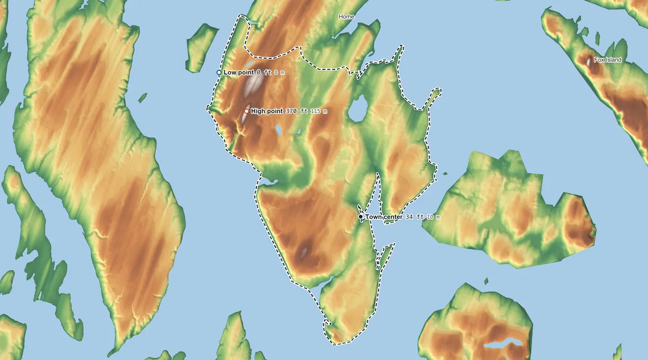 Topographic elevation map of Longbranch, Washington, shaded from sea level level on Case Inlet to 370 ft on the northwest side