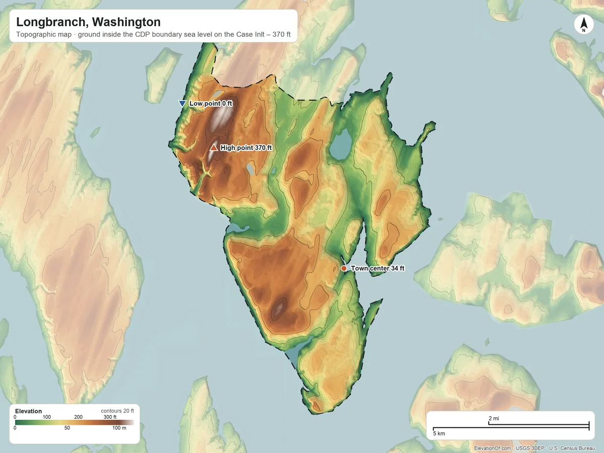 Topographic elevation map of Longbranch, Washington, shaded from sea level level on Case Inlet to 370 ft on the northwest side