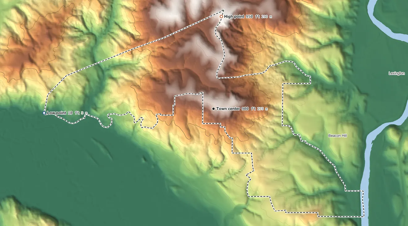 Topographic elevation map of Longview Heights, Washington, shaded from 10 ft on the west side to 950 ft on the north side