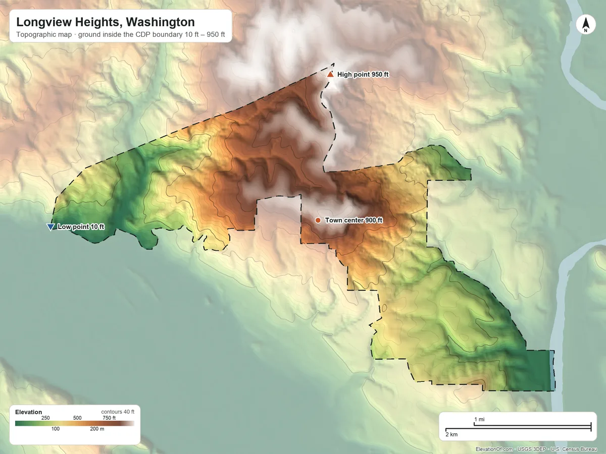 Topographic elevation map of Longview Heights, Washington, shaded from 10 ft on the west side to 950 ft on the north side