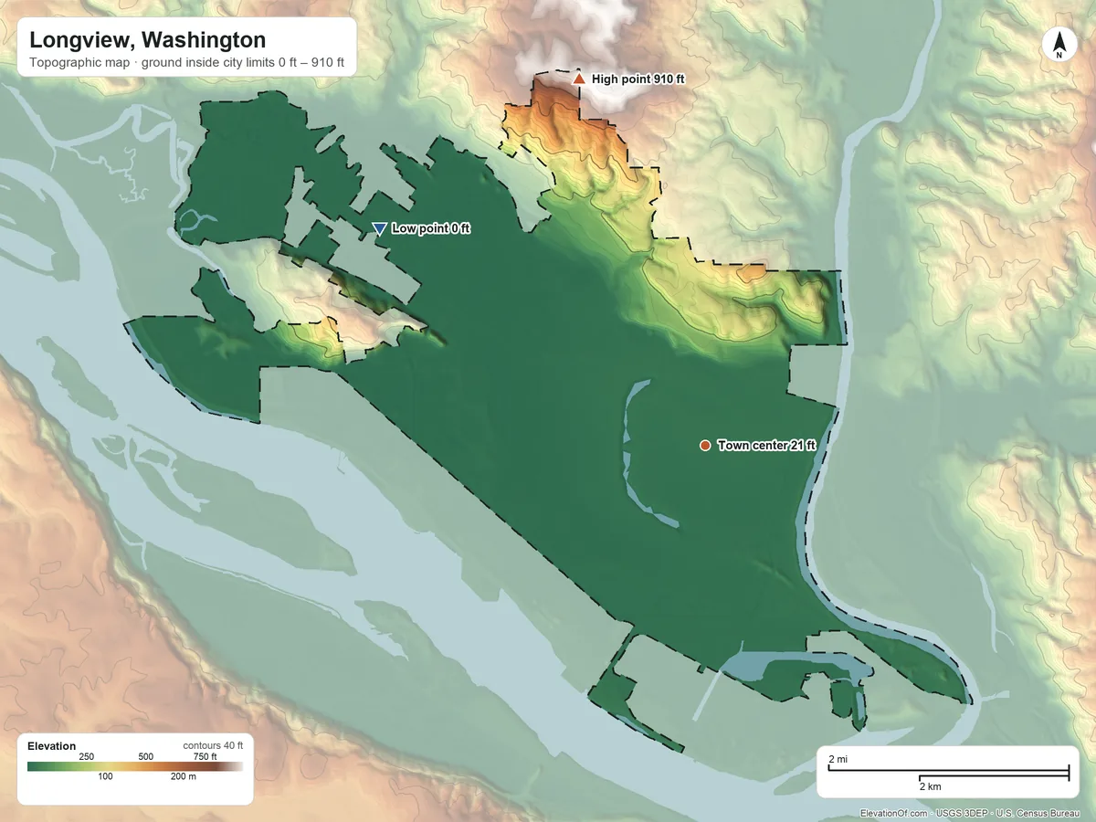 Topographic elevation map of Longview, Washington, shaded from 0 ft on the northwest side to 910 ft on the north side