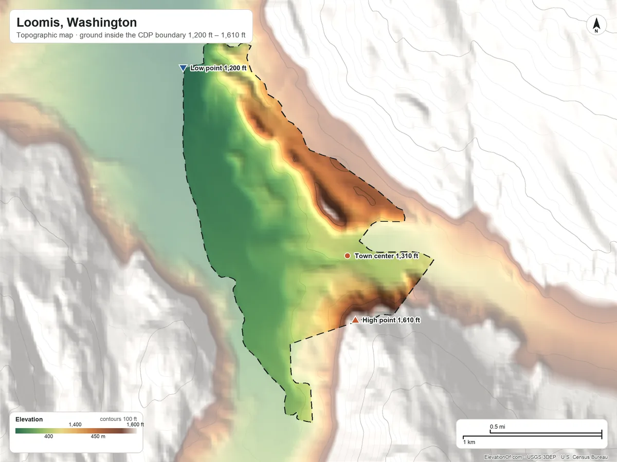 Topographic elevation map of Loomis, Washington, shaded from 1,200 ft on the northwest side to 1,610 ft on the south edge, below higher ground just outside