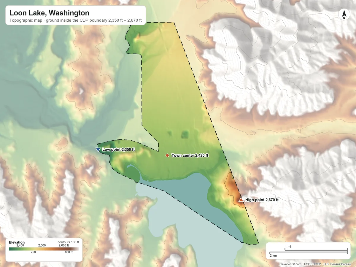 Topographic elevation map of Loon Lake, Washington, shaded from 2,350 ft on the west side to 2,670 ft on the southeast edge, below higher ground just outside
