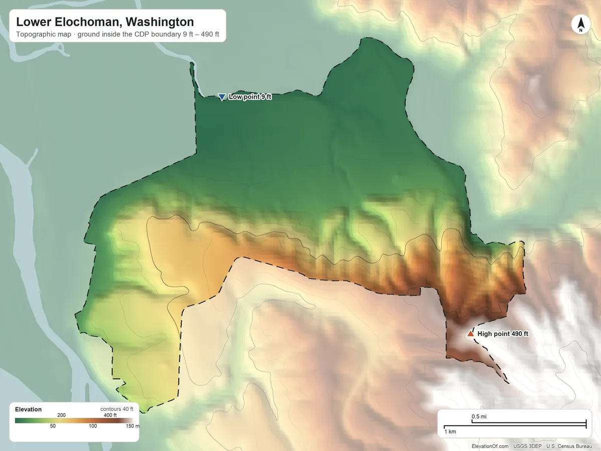 Topographic elevation map of Lower Elochoman, Washington, shaded from 9 ft on the northwest side to 490 ft on the southeast edge, below higher ground just outside
