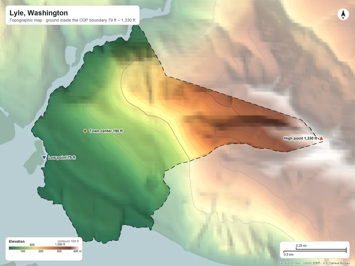 Topographic elevation map of Lyle, Washington, shaded from 79 ft on the southwest side to 1,330 ft at the foot of the Columbia Hills