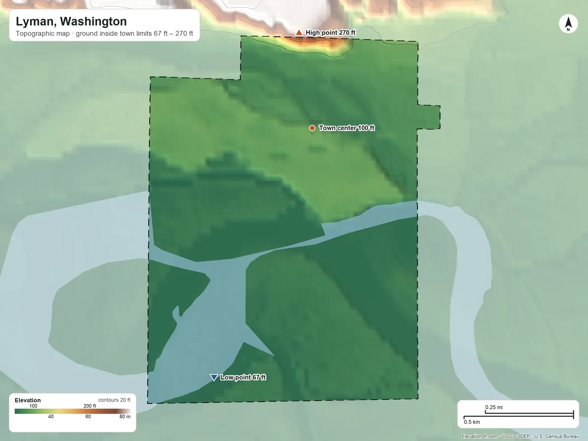 Topographic elevation map of Lyman, Washington, shaded from 67 ft on the south side to 270 ft at the foot of the Cultus Mountains