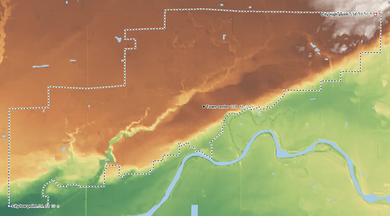 Topographic elevation map of Lynden, Washington, shaded from 34 ft on the southwest side to 130 ft on the northeast side
