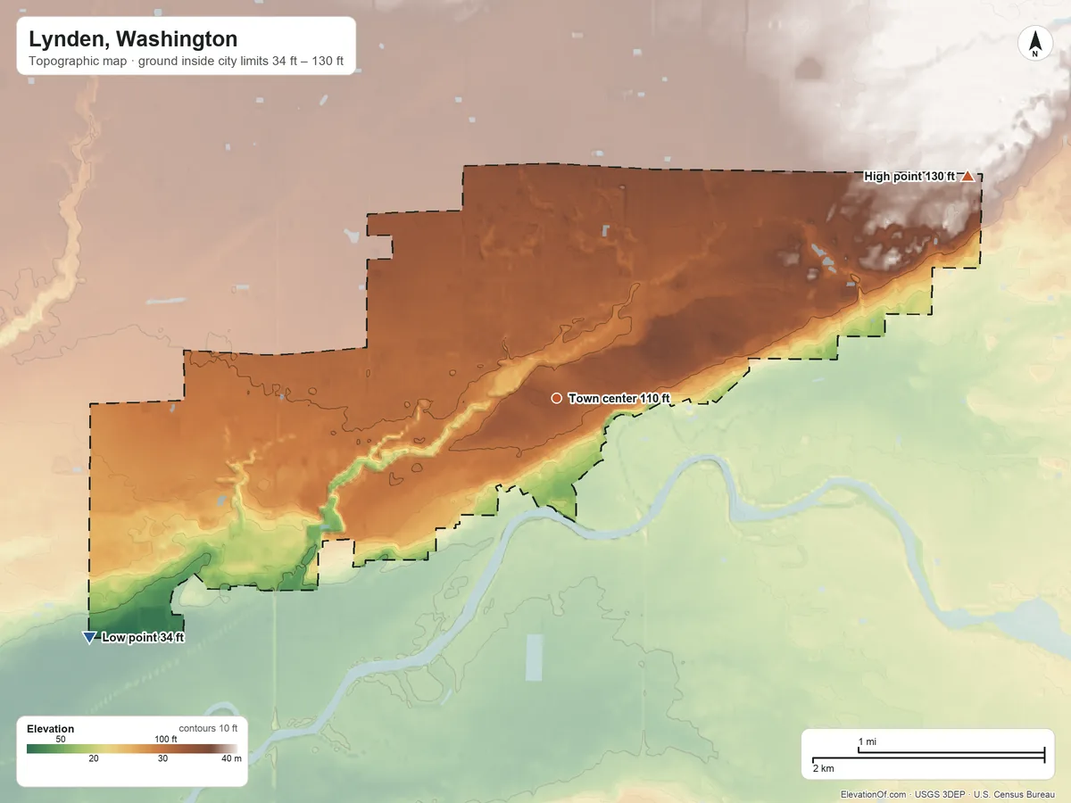 Topographic elevation map of Lynden, Washington, shaded from 34 ft on the southwest side to 130 ft on the northeast side