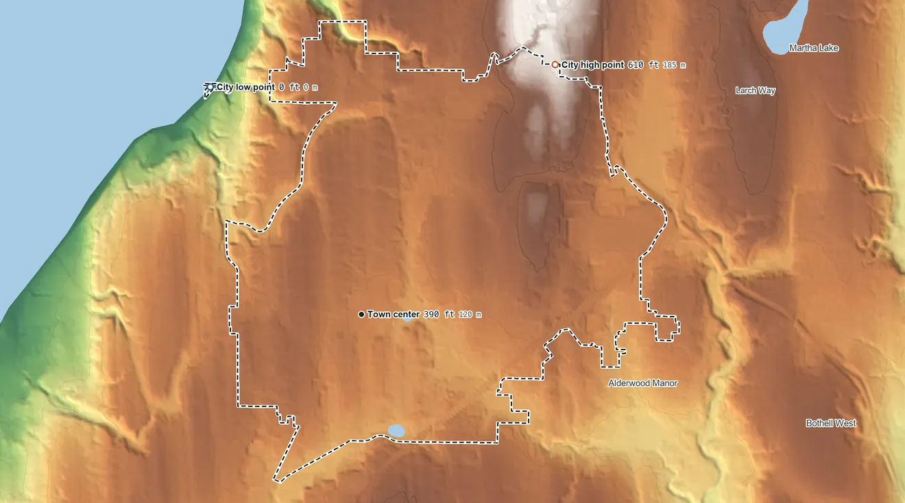 Topographic elevation map of Lynnwood, Washington, shaded from sea level level on the Salish Sea to 610 ft on the northeast side