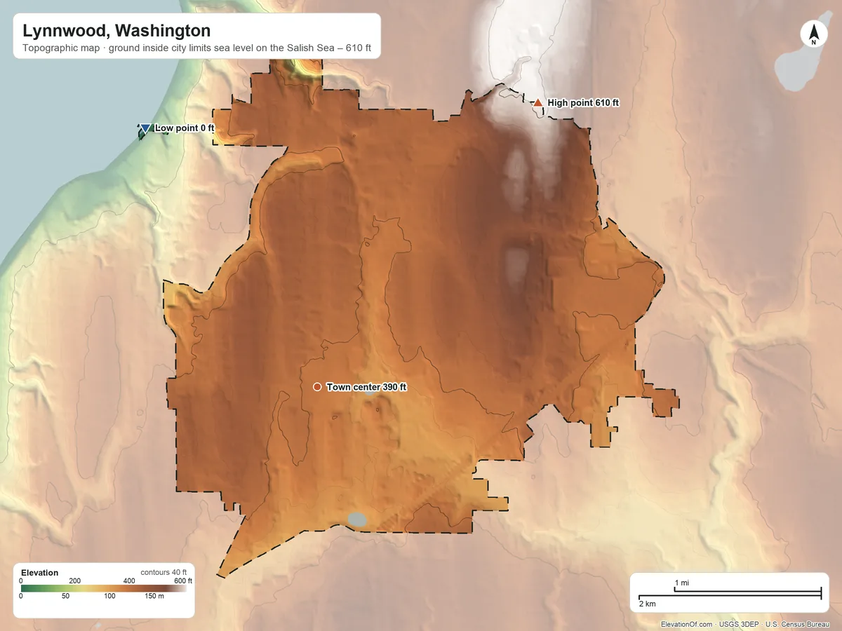 Topographic elevation map of Lynnwood, Washington, shaded from sea level level on the Salish Sea to 610 ft on the northeast side