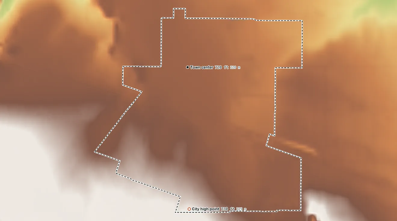 Topographic elevation map of Mabton, Washington, shaded from 660 ft on the north side to 730 ft on the south side