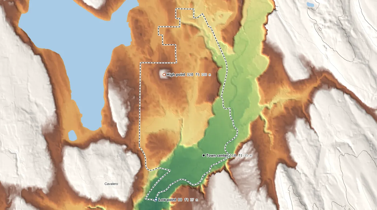 Topographic elevation map of Machias, Washington, shaded from 88 ft on the southwest side to 320 ft on the northwest side