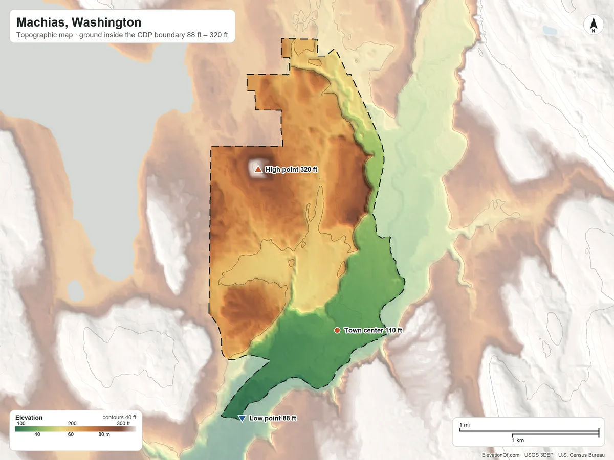Topographic elevation map of Machias, Washington, shaded from 88 ft on the southwest side to 320 ft on the northwest side