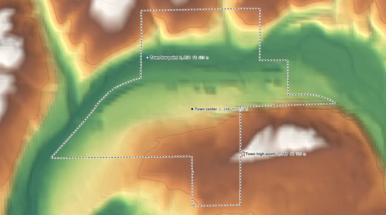 Topographic elevation map of Malden, Washington, shaded from 2,050 ft on the northwest side to 2,300 ft on the southeast side
