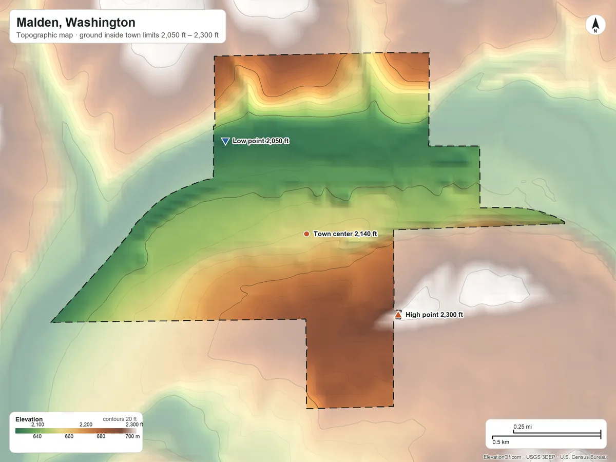 Topographic elevation map of Malden, Washington, shaded from 2,050 ft on the northwest side to 2,300 ft on the southeast side