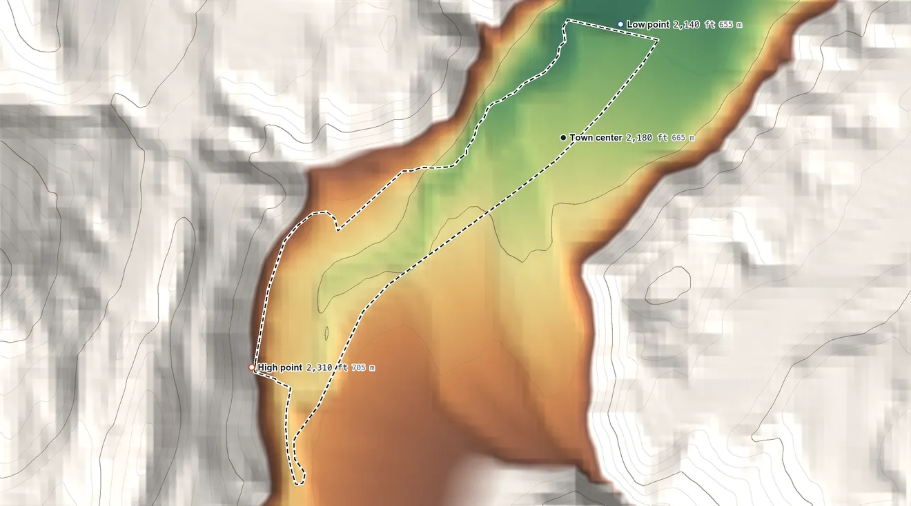 Topographic elevation map of Malo, Washington, shaded from 2,140 ft on the northeast side to 2,310 ft at the foot of the Kettle River Range