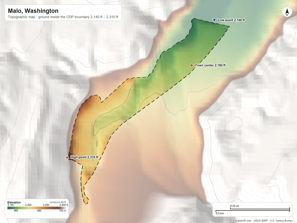 Topographic elevation map of Malo, Washington, shaded from 2,140 ft on the northeast side to 2,310 ft at the foot of the Kettle River Range
