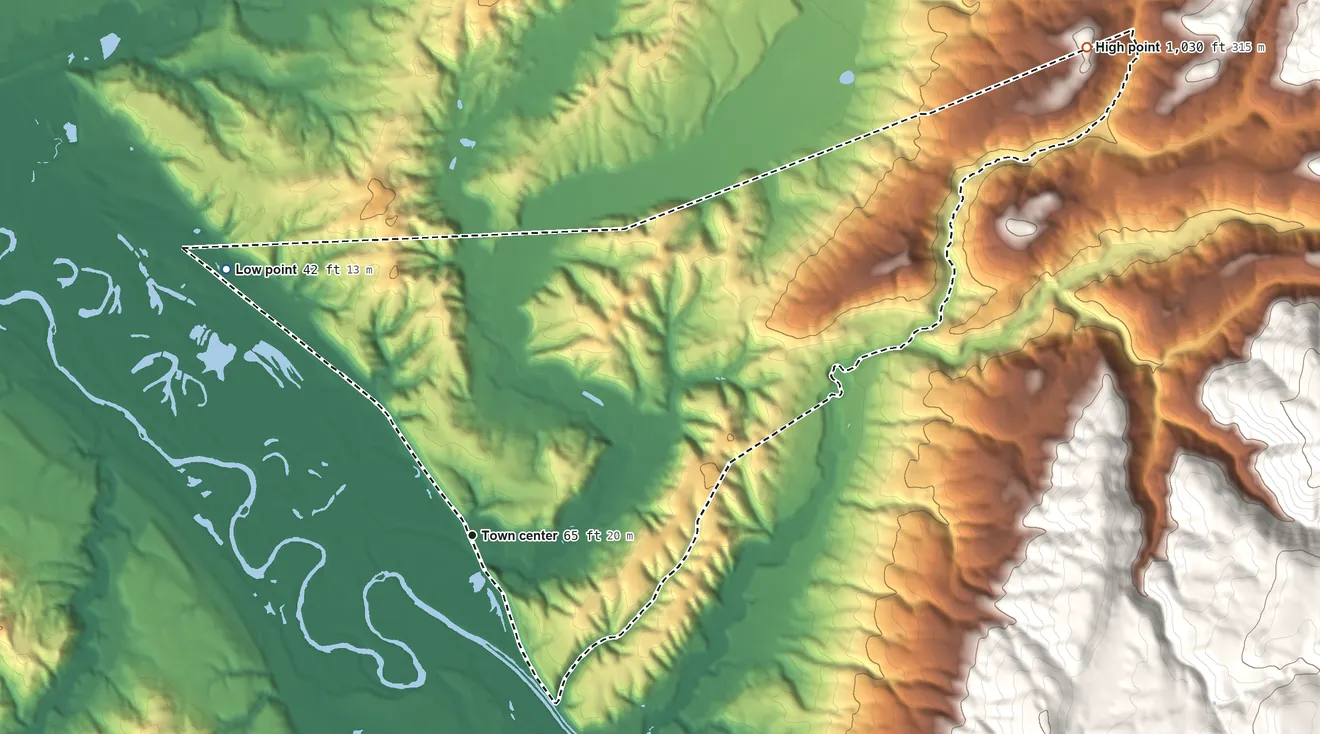 Topographic elevation map of Malone, Washington, shaded from 42 ft on the northwest side to 1,030 ft at the foot of the Black Hills
