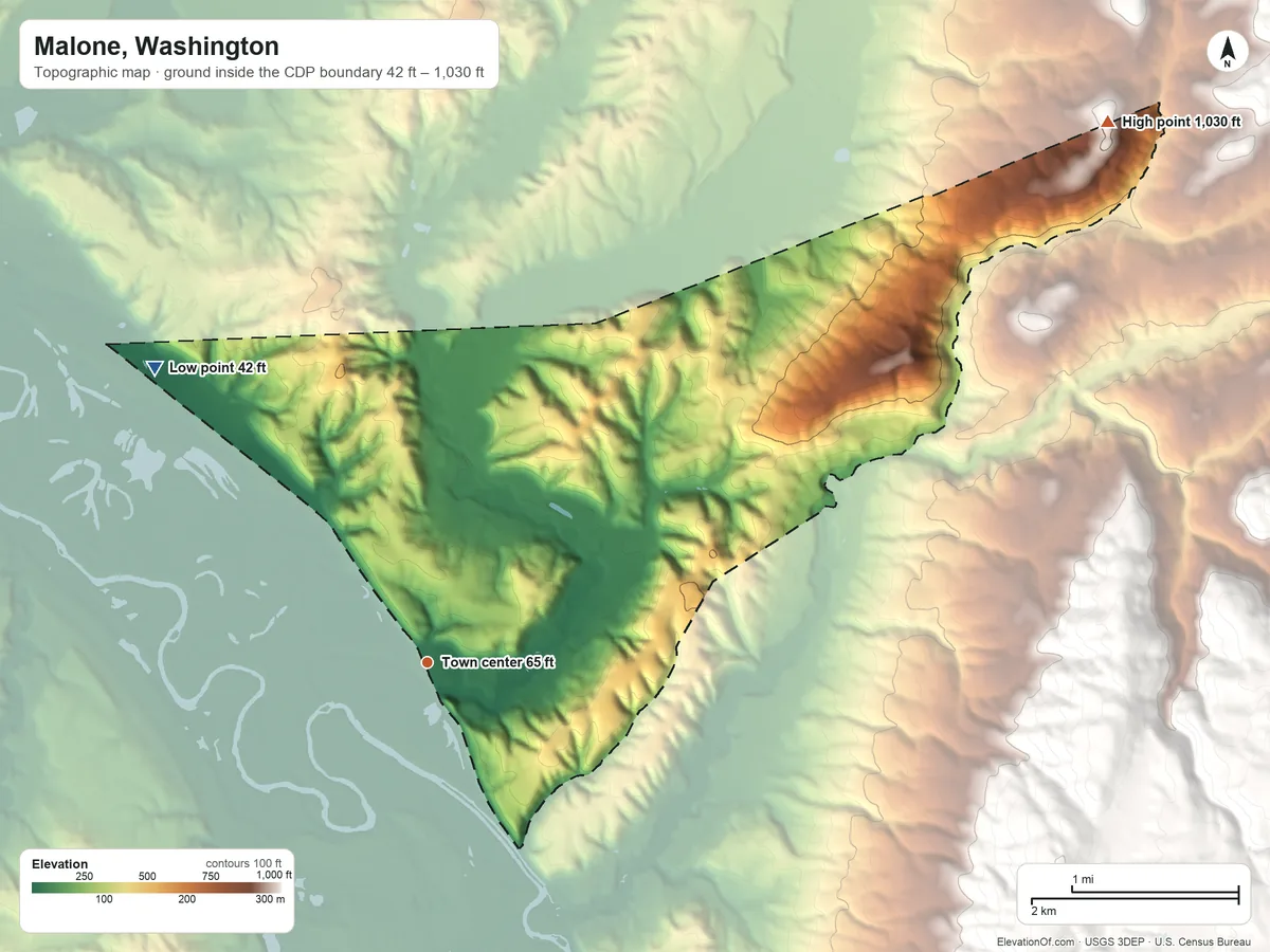 Topographic elevation map of Malone, Washington, shaded from 42 ft on the northwest side to 1,030 ft at the foot of the Black Hills