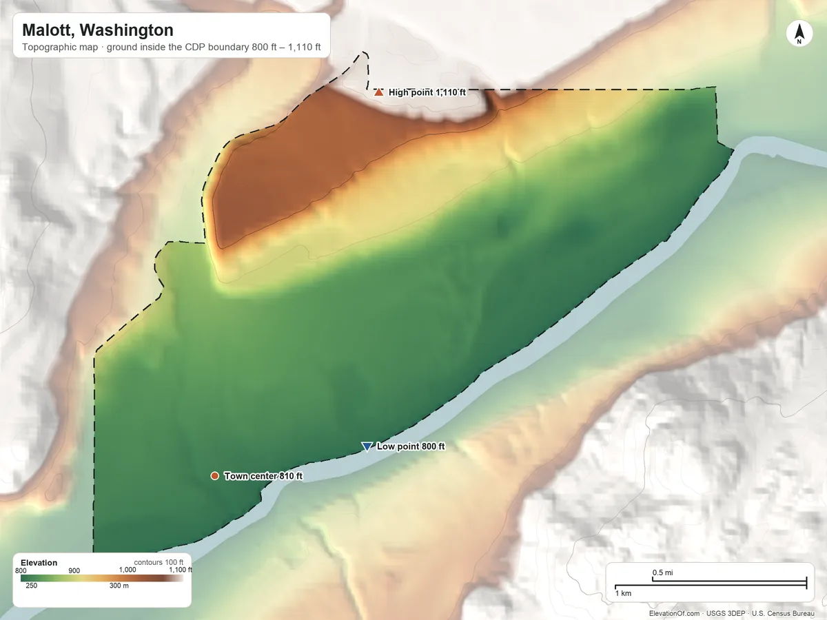 Topographic elevation map of Malott, Washington, shaded from 800 ft on the east side to 1,110 ft on the northeast edge, below higher ground just outside