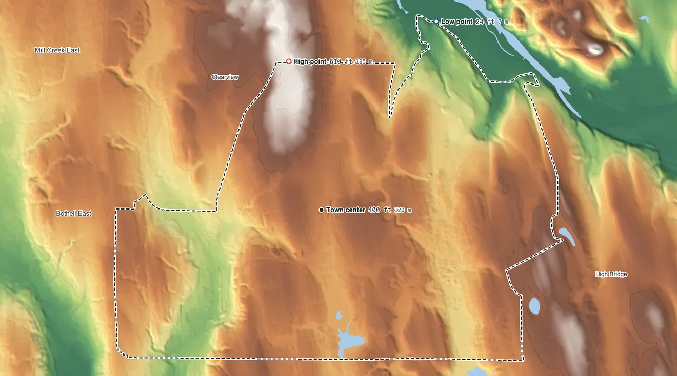 Topographic elevation map of Maltby, Washington, shaded from 24 ft on the northeast side to 610 ft on the north side