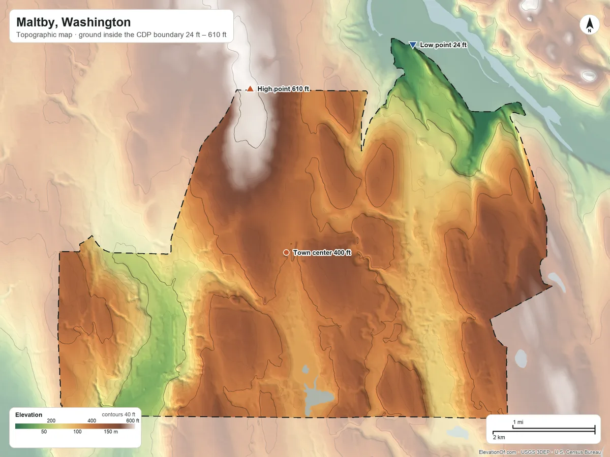 Topographic elevation map of Maltby, Washington, shaded from 24 ft on the northeast side to 610 ft on the north side