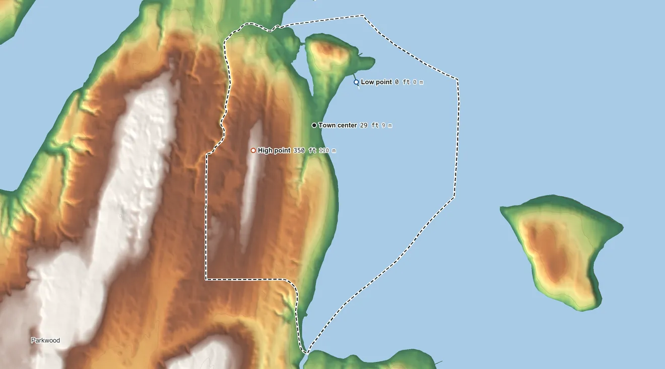 Topographic elevation map of Manchester, Washington, shaded from sea level level on Puget Sound to 350 ft on the west side
