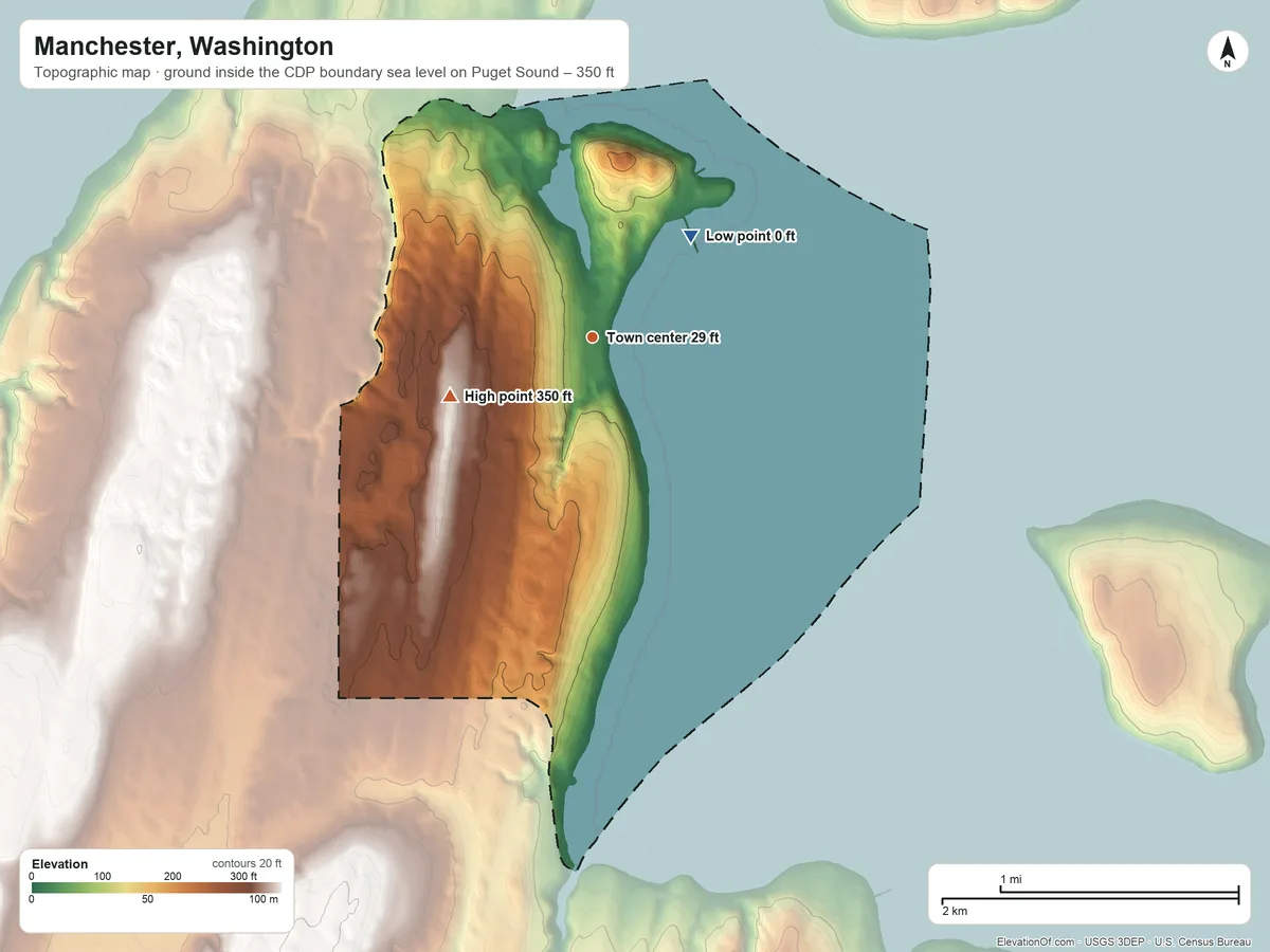 Topographic elevation map of Manchester, Washington, shaded from sea level level on Puget Sound to 350 ft on the west side