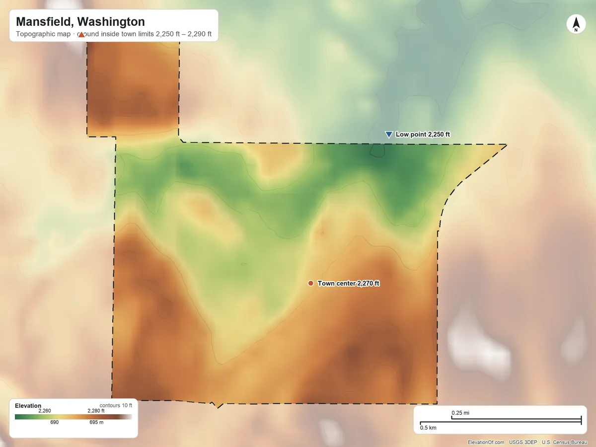 Topographic elevation map of Mansfield, Washington, shaded from 2,250 ft on the northeast side to 2,290 ft on the northwest side