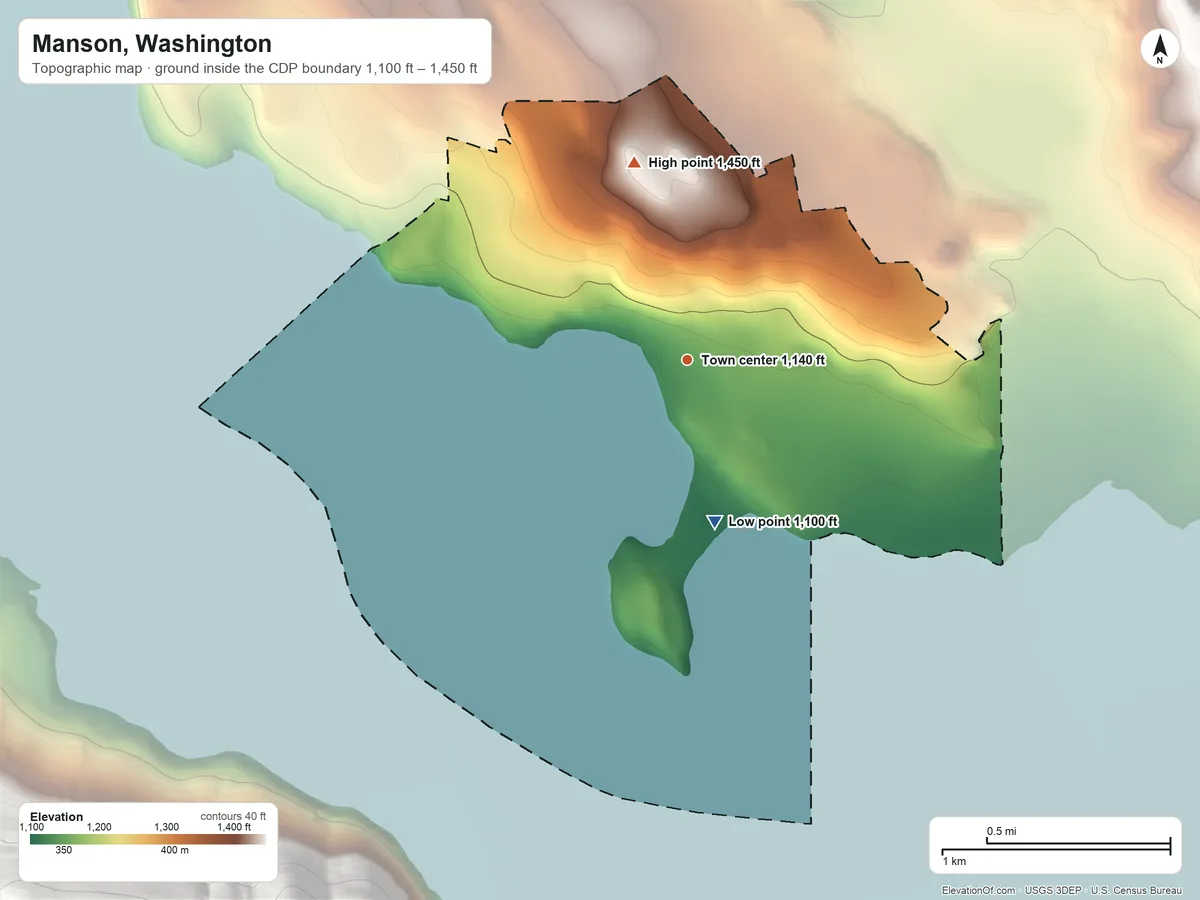 Topographic elevation map of Manson, Washington, shaded from 1,100 ft on the south side to 1,450 ft at the foot of the Chelan Mountains