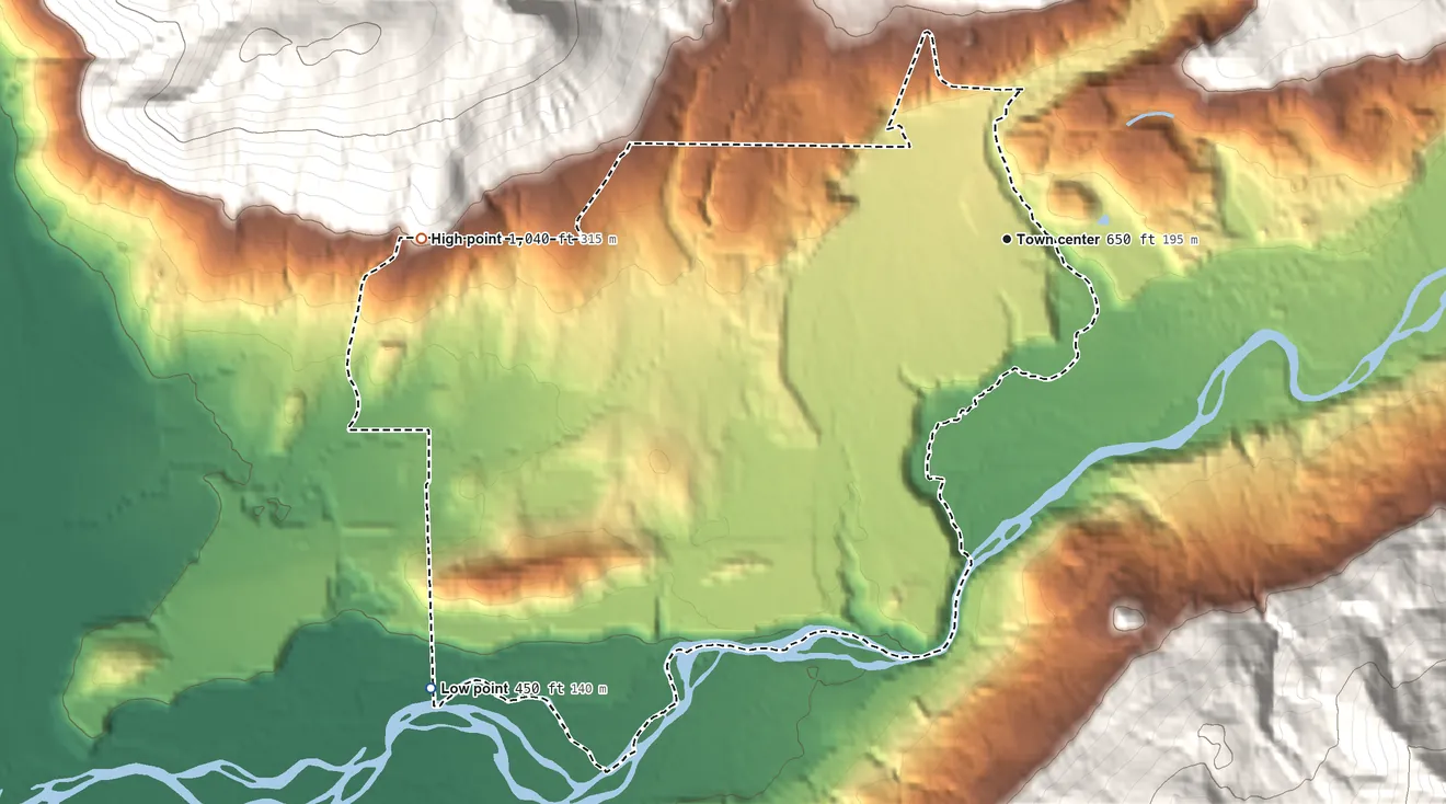 Topographic elevation map of Maple Falls, Washington, shaded from 450 ft on the southwest side to 1,040 ft on the west edge, below higher ground just outside