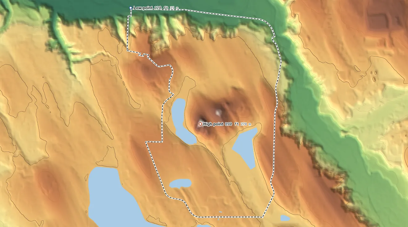 Topographic elevation map of Maple Heights-Lake Desire, Washington, shaded from 120 ft on the northwest side to 890 ft on Cedar Mountain