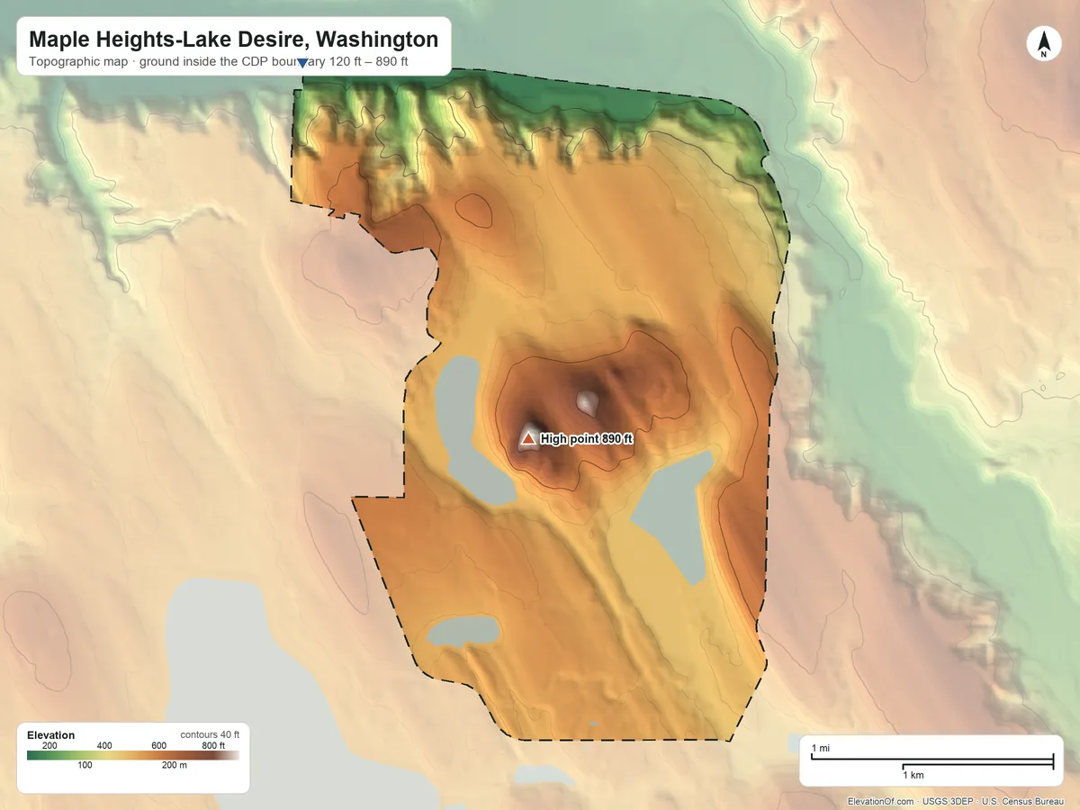 Topographic elevation map of Maple Heights-Lake Desire, Washington, shaded from 120 ft on the northwest side to 890 ft on Cedar Mountain
