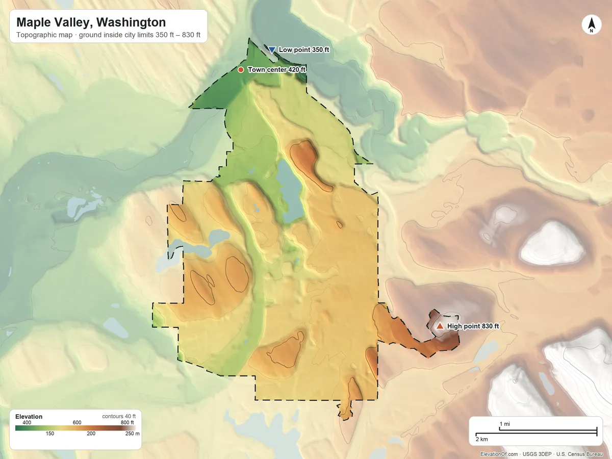 Topographic elevation map of Maple Valley, Washington, shaded from 350 ft near the middle to 830 ft on the southeast side
