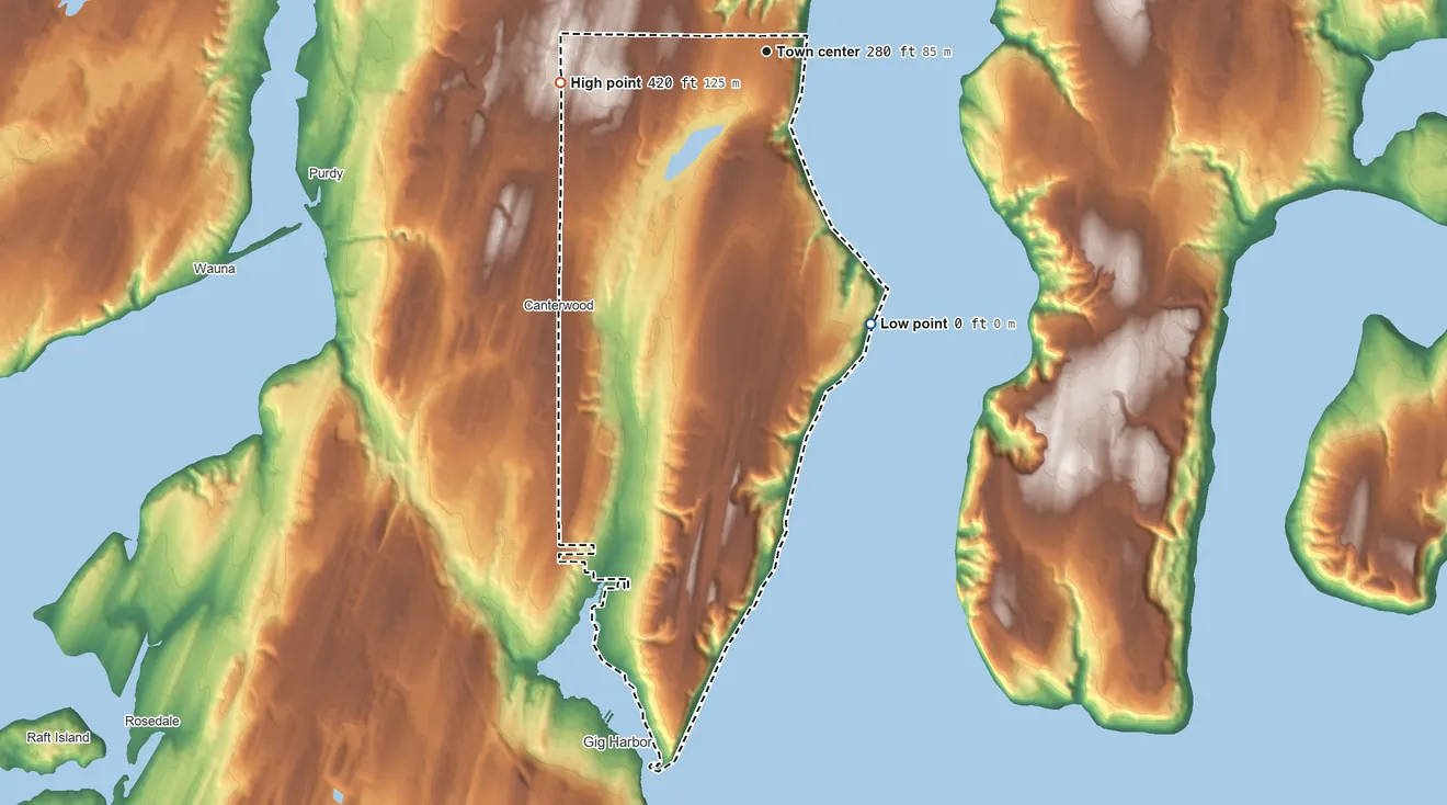 Topographic elevation map of Maplewood, Washington, shaded from sea level level on the Salish Sea to 420 ft on the west side