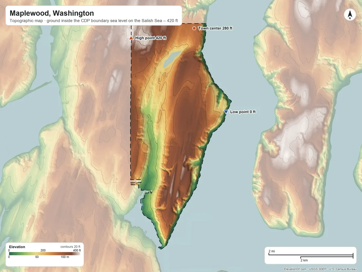 Topographic elevation map of Maplewood, Washington, shaded from sea level level on the Salish Sea to 420 ft on the west side