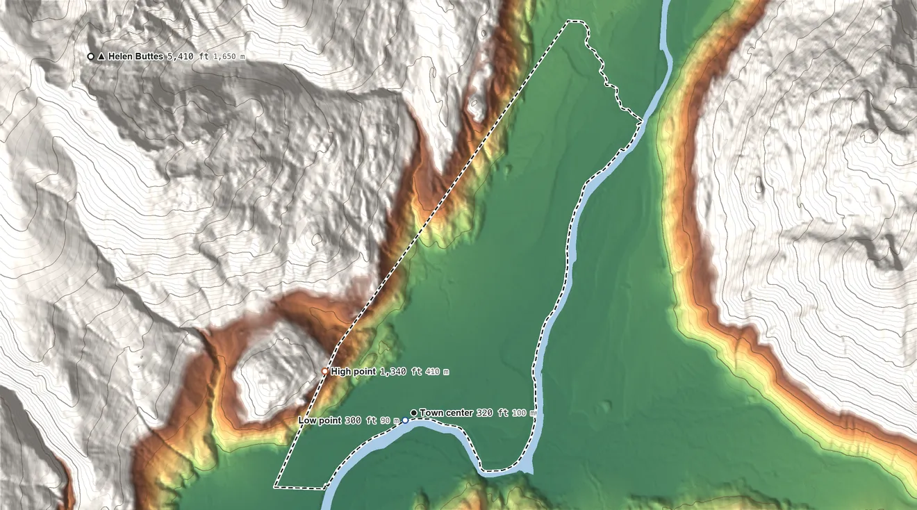 Topographic elevation map of Marblemount, Washington, shaded from 300 ft near the middle to 1,340 ft on the northwest edge, below higher ground just outside