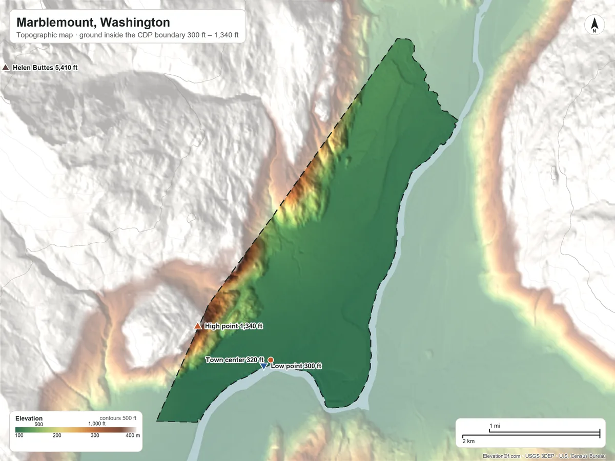Topographic elevation map of Marblemount, Washington, shaded from 300 ft near the middle to 1,340 ft on the northwest edge, below higher ground just outside