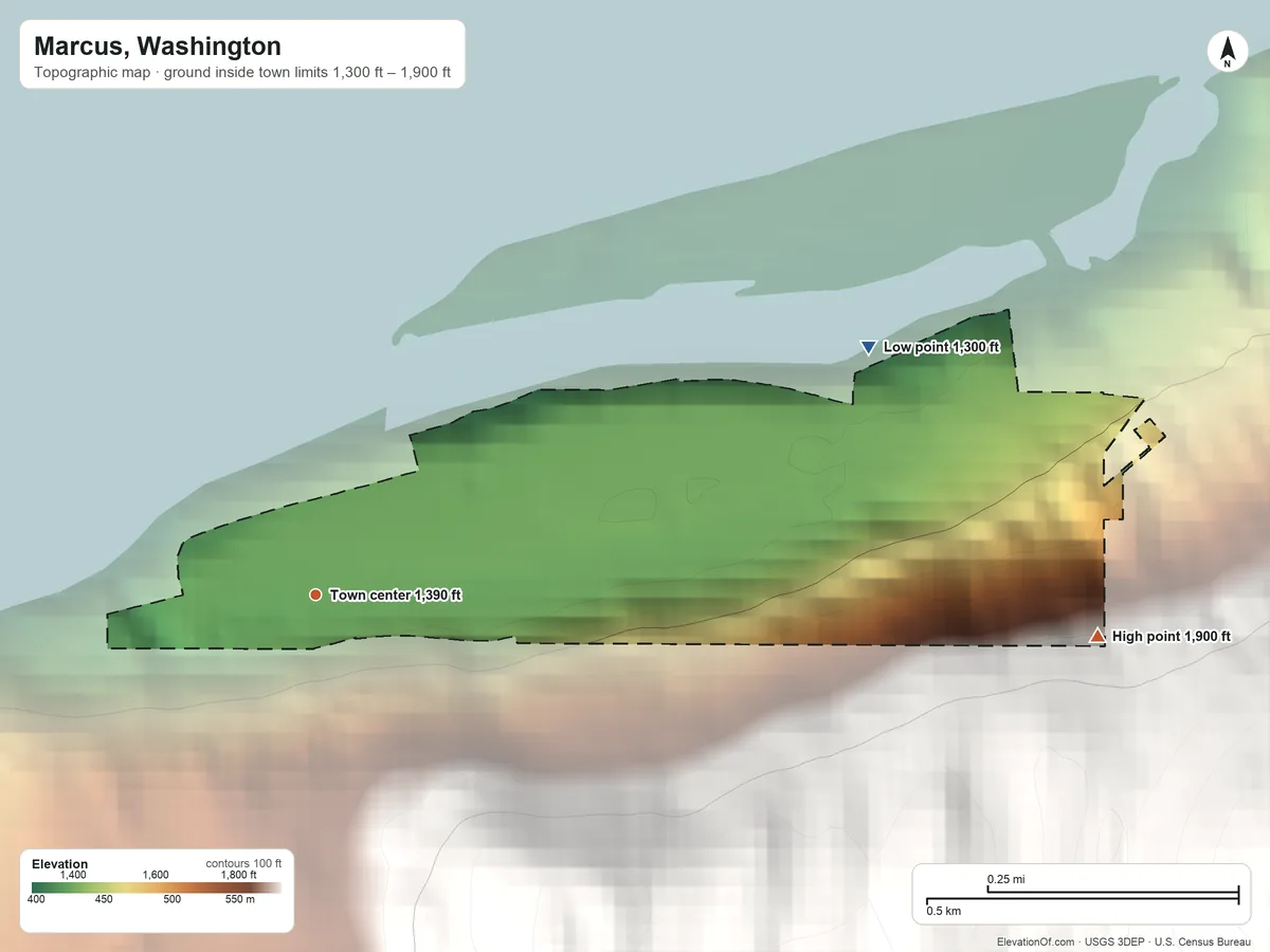 Topographic elevation map of Marcus, Washington, shaded from 1,300 ft on the northeast side to 1,900 ft on the east edge, below higher ground just outside