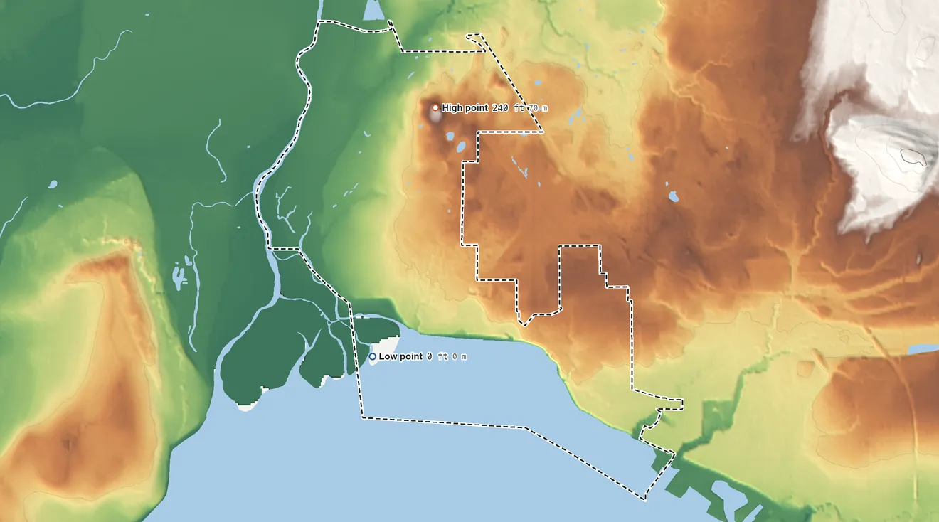 Topographic elevation map of Marietta-Alderwood, Washington, shaded from sea level level on Bellingham Bay to 240 ft on the north side