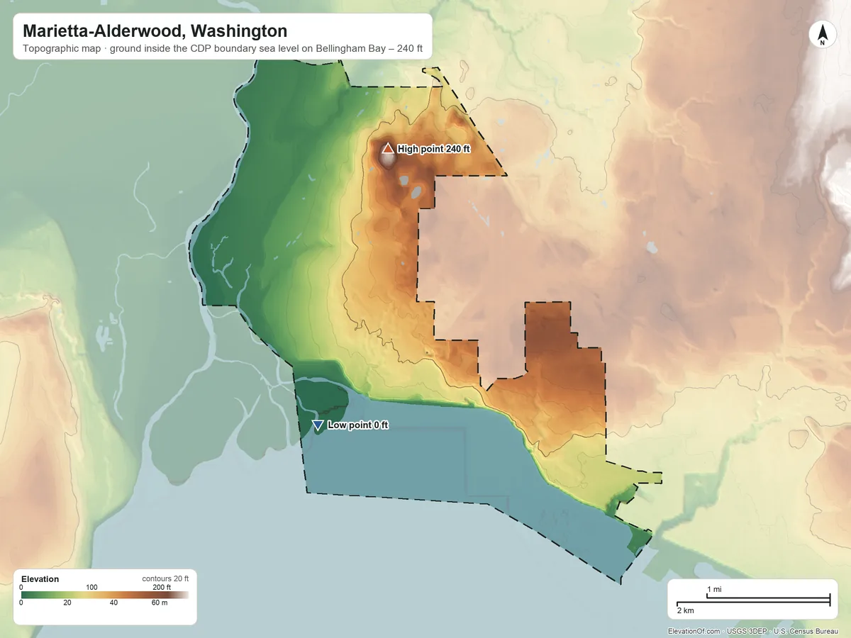 Topographic elevation map of Marietta-Alderwood, Washington, shaded from sea level level on Bellingham Bay to 240 ft on the north side