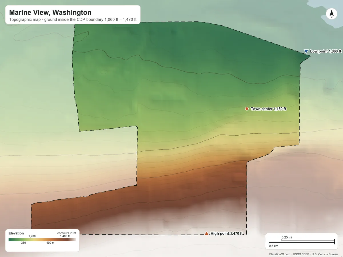 Topographic elevation map of Marine View, Washington, shaded from 1,060 ft on the northeast side to 1,470 ft on the south side