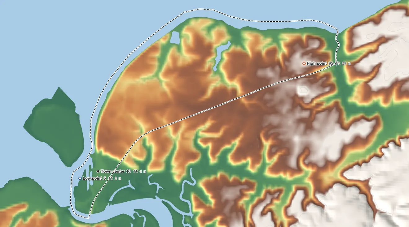 Topographic elevation map of Markham, Washington, shaded from 5 ft near the middle to 95 ft on the northeast side